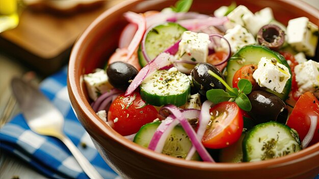 ensalada griega con aceitunas pepinos tomates cebollas rojas y queso feta plato casero que sirve de cerca comida dietética fácil de preparar excelencia culinaria concepto de sofisticación generado por IA