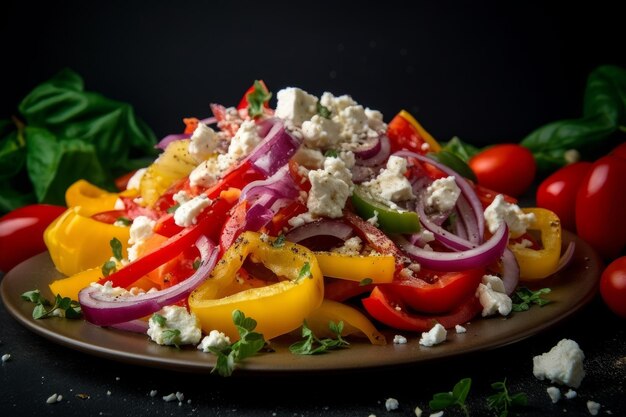 Foto ensalada griega con coloridos pimientos, cebollas rojas, tomates cherry y queso feta desmenuzado