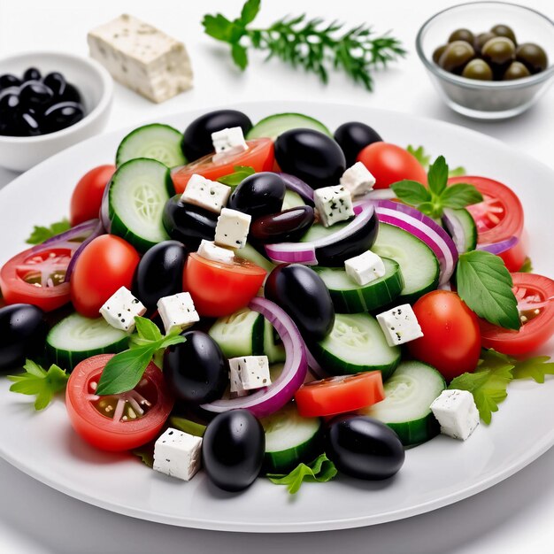 Foto ensalada griega fresca en un plato con aceitunas negras queso feta de tomate y pepino