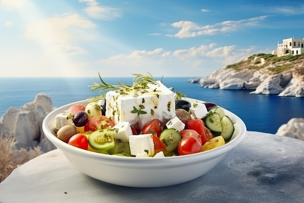 Ensalada griega jardín fresco ensalada mediterránea en Grecia ensalada griega con cebolla verde queso feta tomates pepino primer plano ilustración de IA generativa