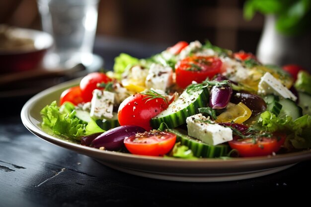 Ensalada griega en un plato de primer plano