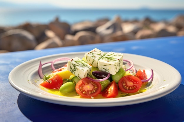 Ensalada griega con queso feta y aceite de oliva en un plato Comida saludable griega