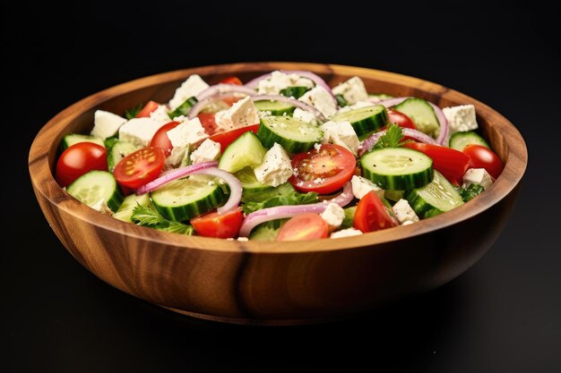 Ensalada griega con queso feta y aceite de oliva en el plato Comida saludable griega