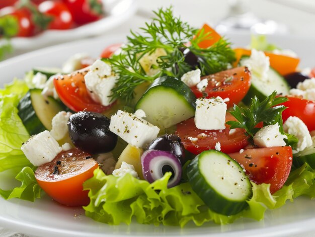 Foto ensalada griega con queso feta aceitunas tomates y hierbas ia generativa