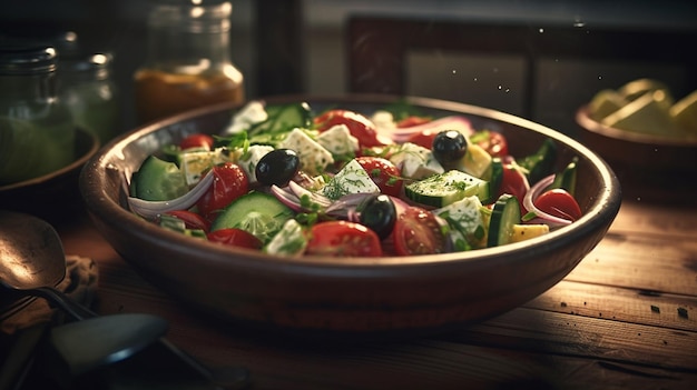 Ensalada griega con queso feta y verduras frescas sobre madera oscura backgroundgenerative ai