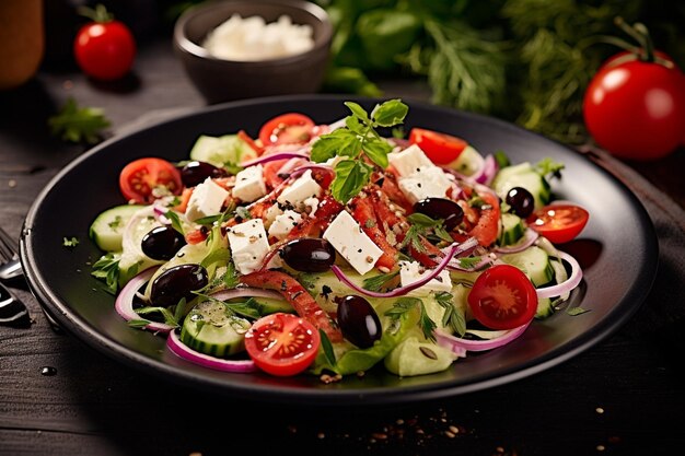Ensalada griega servida en una cama de verduras mixtas