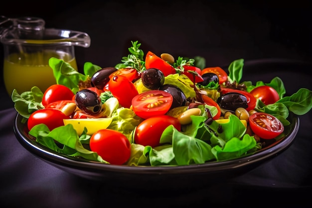 Ensalada griega con tomates cherry, aceitunas negras y hojas de albahaca AI generativa