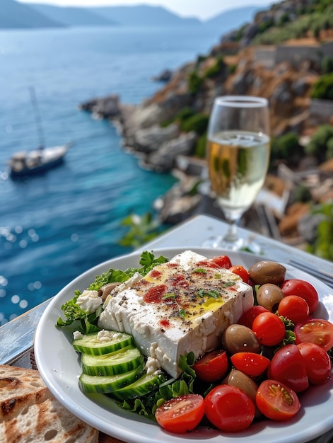 Ensalada griega con tomates pepinos queso feta blanco aceitunas y el mar en el fondo