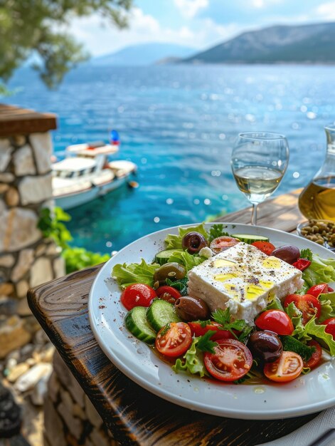 Foto ensalada griega con tomates pepinos queso feta blanco aceitunas y el mar en el fondo