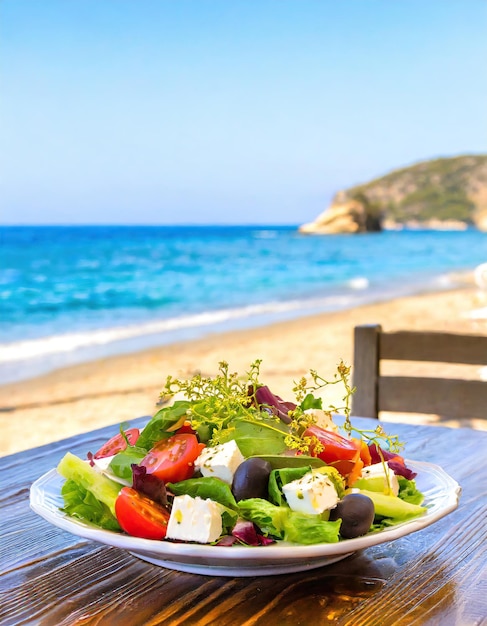 Foto ensalada griega con verduras en el restaurante de la playa