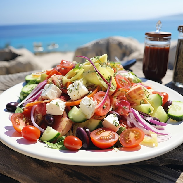 ensalada griega con verduras en el restaurante de la playa