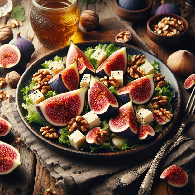 Ensalada de higos con queso y nueces en una mesa de madera rústica