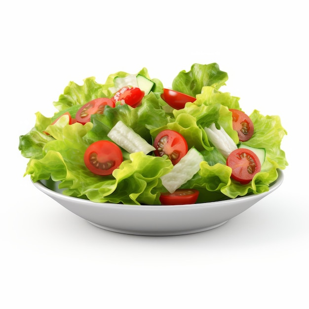 Ensalada hiperrealista en 3D en un cuenco blanco sobre un fondo aislado