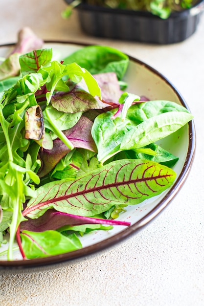 Ensalada de hojas verdes frescas en un plato sobre la mesa comida saludable espacio de copia comida rústica