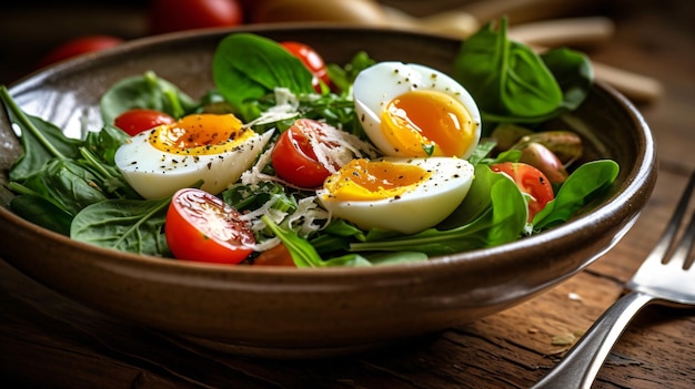 Ensalada con huevo cocido tomates y espinacas jugoso tamat y hierbas en un tenedor alimentos dietéticos saludables alimentos orgánicos closeup Ai generativa