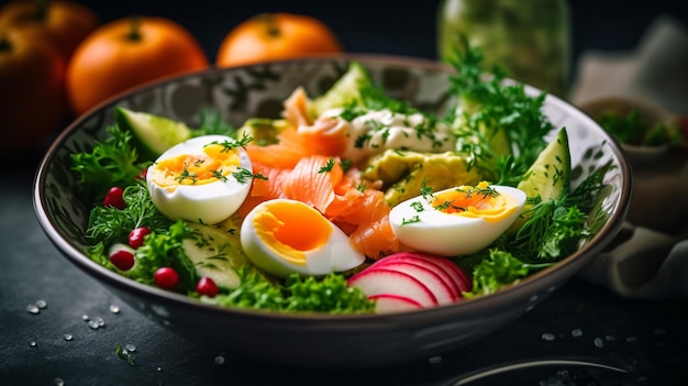 Ensalada con huevo cocido tomates y espinacas jugoso tamat y hierbas en un tenedor alimentos dietéticos saludables alimentos orgánicos closeup Ai generativa