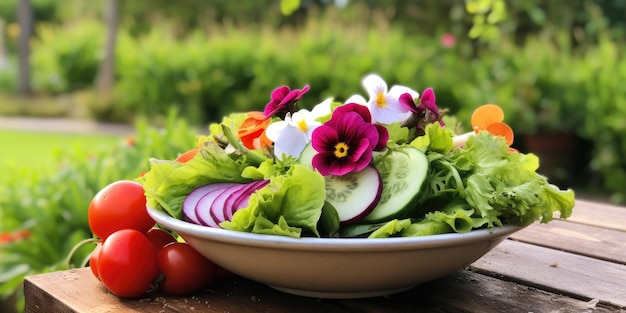 Ensalada de jardín recién recogida, crujiente y saludable, verde y vibrante, orgánica y saludable.