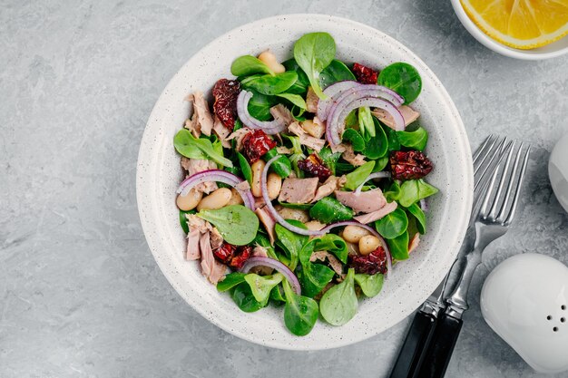 Ensalada con judías blancas atún cebollas rojas y tomates secos con hojas de lechuga verde en un bol