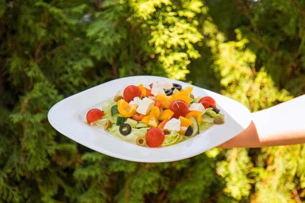 Ensalada y jugo de naranja con vasos de jugo de naranja y mesa de desayuno de frutas al aire libre