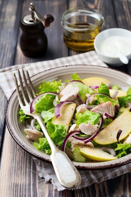 Ensalada de lechuga, manzana, apio, cebolla y pollo en la placa gris