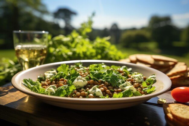 Ensalada de lentejas con queso de cabra en un picnic en un campo verde generativo IA