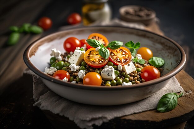 Ensalada de lentejas con tomates cherry y queso feta