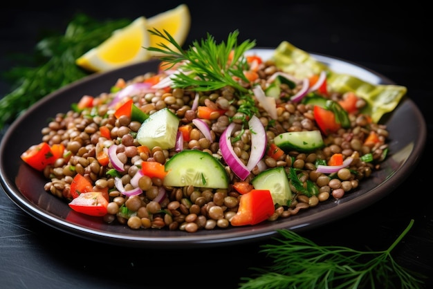 Ensalada de lentejas con verduras comida sana bocadillo vegetariano y vegano