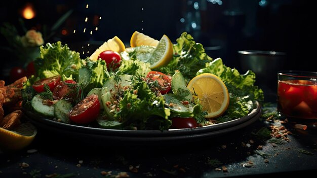 Ensalada llena de verduras, frutas y pedazos de huevo hervido en un fondo borroso