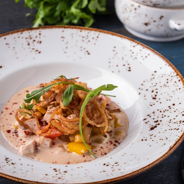 Ensalada con maíz filete de pollo pimiento rojo y tomates