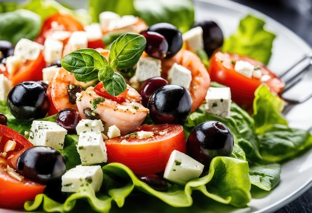 Ensalada de marisco con lechuga, tomate, pepino, aceitunas y queso feta.