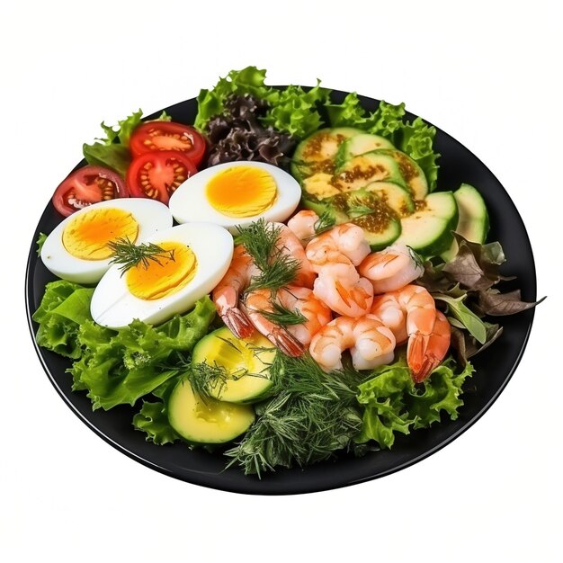 Ensalada de mariscos fresca y saludable con huevos de aguacate tomate y lechuga