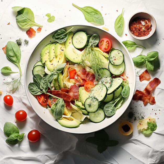 Ensalada mixta en un recipiente sobre fondo blanco.