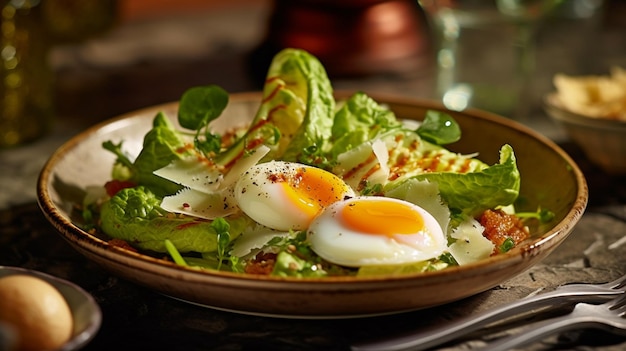 Ensalada opulenta con setas de cardo, huevos de aguacate, flores de queso e IA generativa