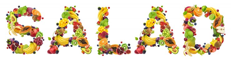 Foto ensalada palabra hecha de diferentes frutas y bayas