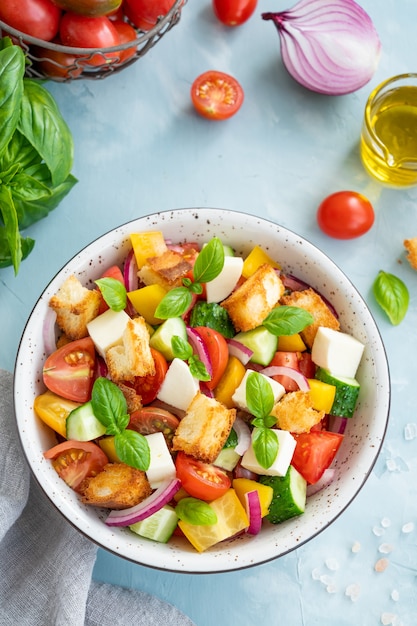 Ensalada de panzanella, pan italiano y ensalada de verduras frescas. Copie el espacio.