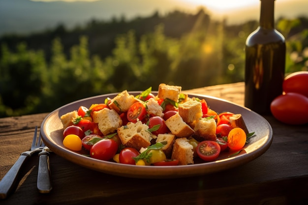 Ensalada de Panzanella toscana con un pintoresco telón de fondo de viñedo