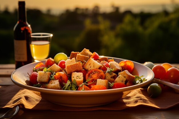 Ensalada de Panzanella toscana con un pintoresco telón de fondo de viñedo