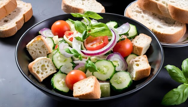 Ensalada Panzanella vegetariana fresca con tomates, cebolla y croutones aislados sobre un fondo blanco