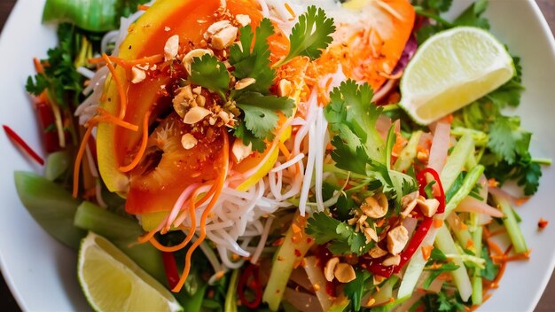 Ensalada de papaya servida con fideos de arroz y ensalada de verduras decorada con ingredientes de comida tailandesa