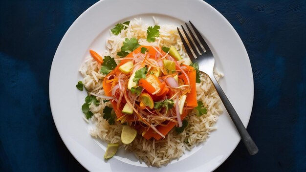 Ensalada de papaya tailandesa en un plato blanco con arroz pegajoso