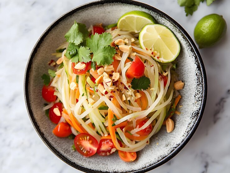 La ensalada de papaya verde tailandesa es una popular ensalada clásica tailandesa en un cuenco de cerámica que consiste en g triturados