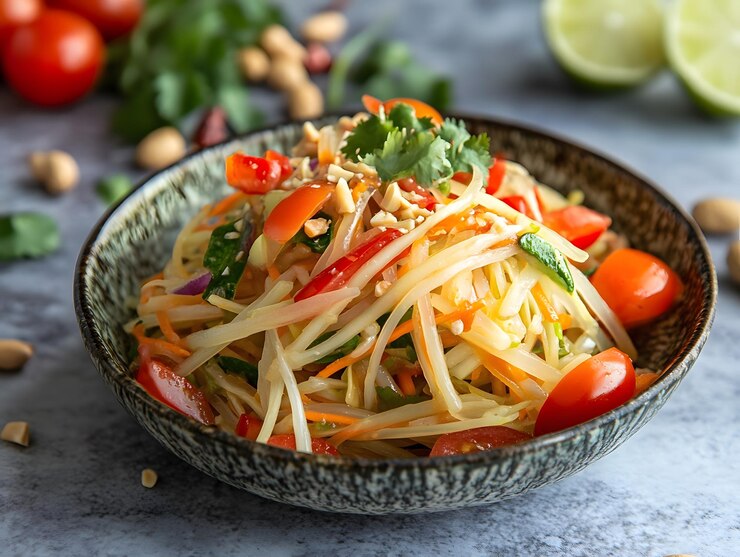 Ensalada de papaya verde tailandesa una popular ensalada tailandesa clásica en un plato negro imagen generada por IA