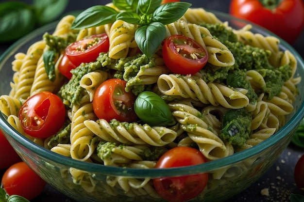 Foto ensalada de pasta pesto vegana