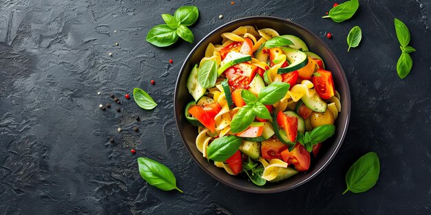 Ensalada de pasta con tomate de calabacín y albahaca en un cuenco sobre fondo negro Vista superior plana