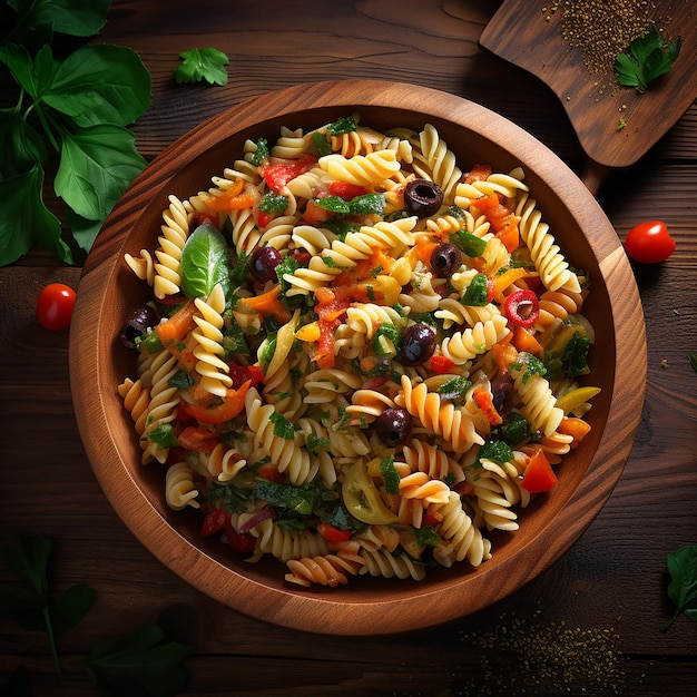 Foto ensalada de pasta vegetariana fresca en un plato de madera rústico