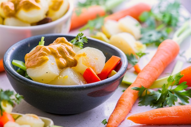 Ensalada de patatas con apio de zanahoria y aderezo de yogur de curry