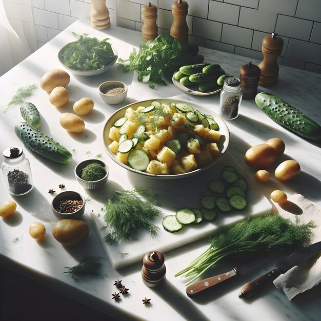 Ensalada de patatas bávara con pepino y eneldo en mármol