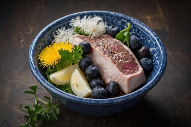 Foto ensalada de pecho de pato gourmet con arándanos