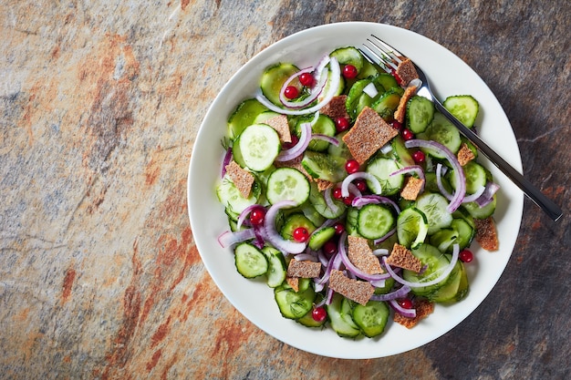 Ensalada de pepino de verano con grosellas rojas, cebolla morada marinada y crujientes trozos de pan plano en un recipiente blanco, primer plano