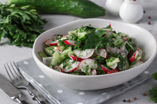 Ensalada de pepinos, rábanos y hierbas frescas vestidas con aceite de oliva en una ensaladera sobre fondo gris